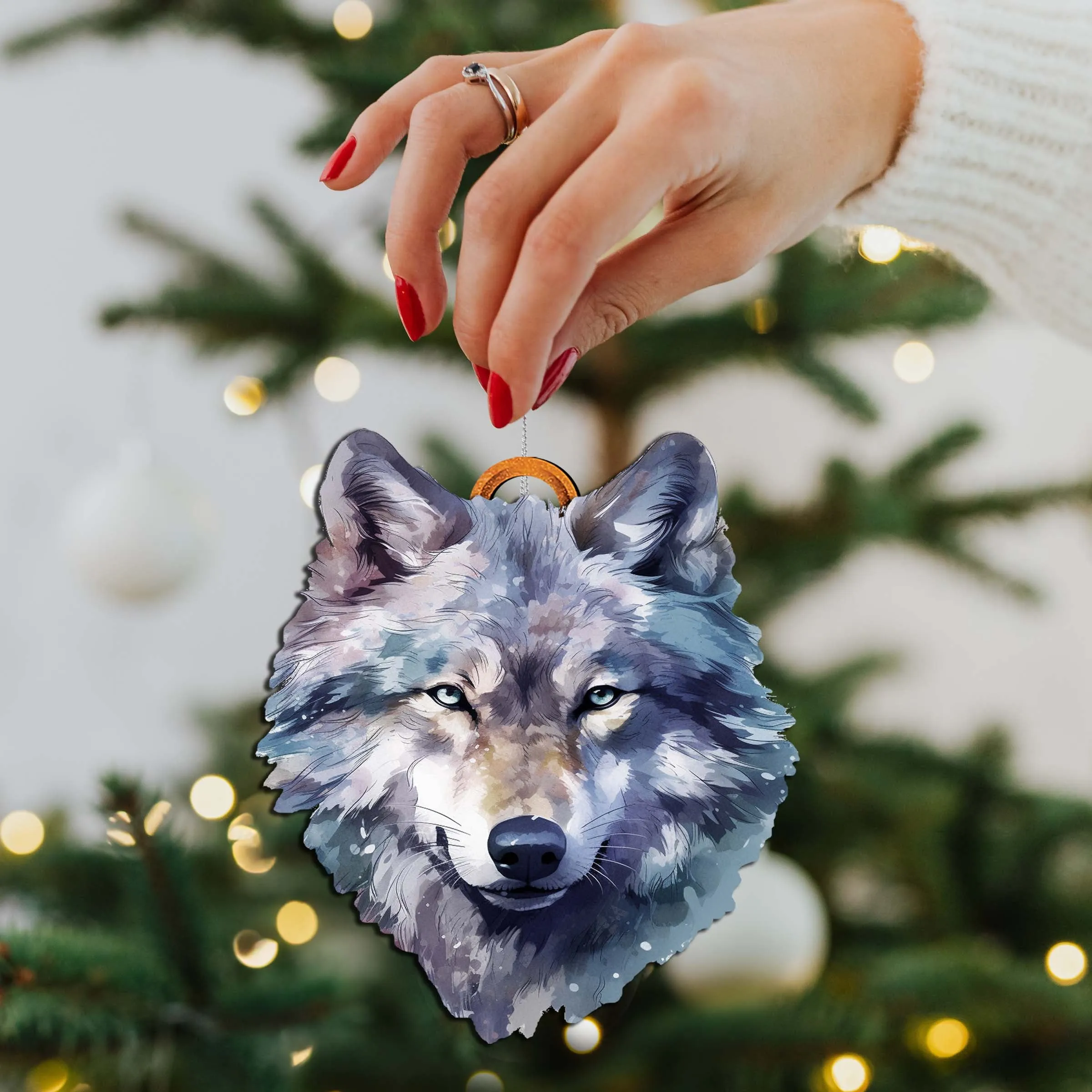 Alaskan Wolf Face Wooden Ornaments by G.Debrekht - Wildlife Holiday Décor - 8710125-1