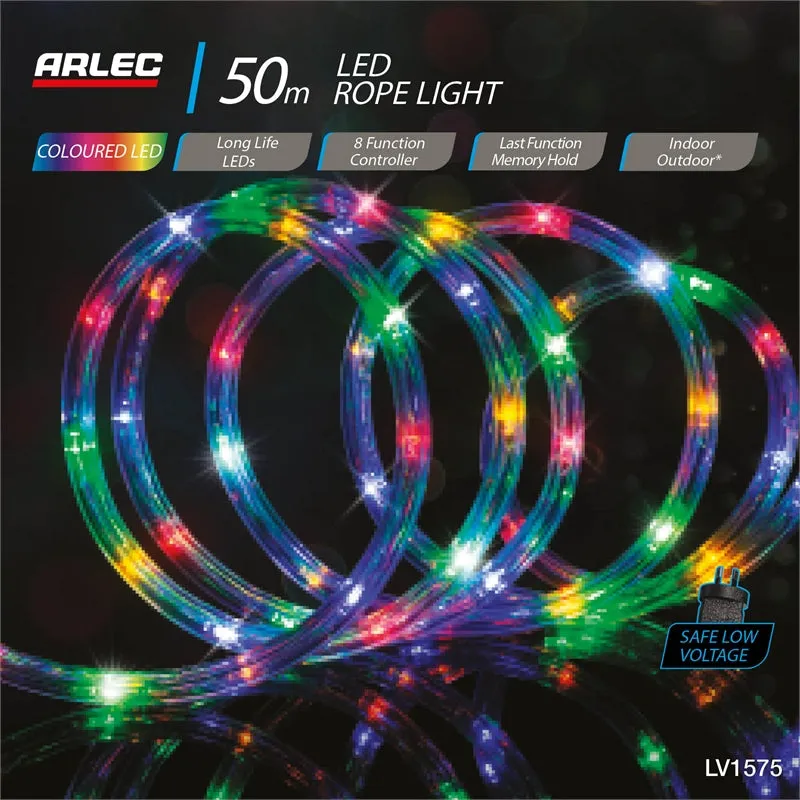 Arlec 50m Low Voltage Multi-Colour 1200 LED Rope Light/8 Functions/Indoor&Outdoor