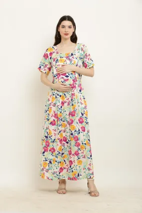 Colorful Flower Bouquet Maternity & Nursing Maxi Dress