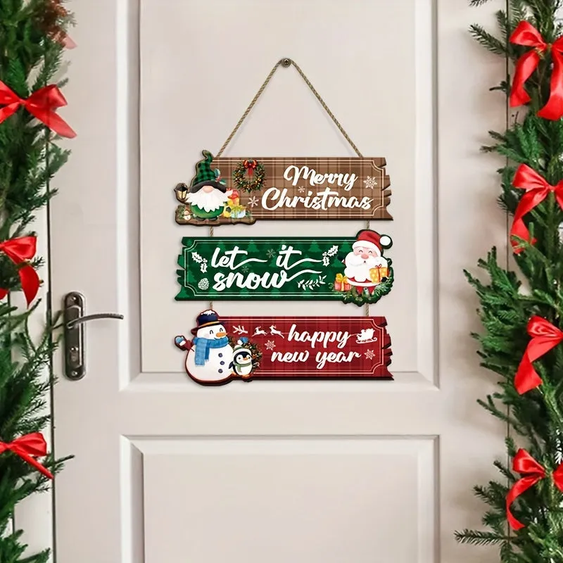 Festive Christmas Hanging Sign Set of 3 - Wall Mount Plywood Holiday Decor Signs with Santa, Snowman & Reindeer - Seasonal Farmhouse Art Decorations for Home Indoor Display