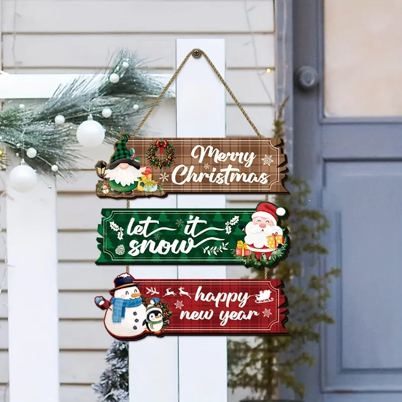 Festive Christmas Hanging Sign Set of 3 - Wall Mount Plywood Holiday Decor Signs with Santa, Snowman & Reindeer - Seasonal Farmhouse Art Decorations for Home Indoor Display