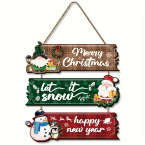 Festive Christmas Hanging Sign Set of 3 - Wall Mount Plywood Holiday Decor Signs with Santa, Snowman & Reindeer - Seasonal Farmhouse Art Decorations for Home Indoor Display