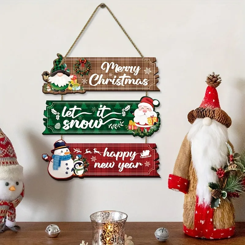 Festive Christmas Hanging Sign Set of 3 - Wall Mount Plywood Holiday Decor Signs with Santa, Snowman & Reindeer - Seasonal Farmhouse Art Decorations for Home Indoor Display