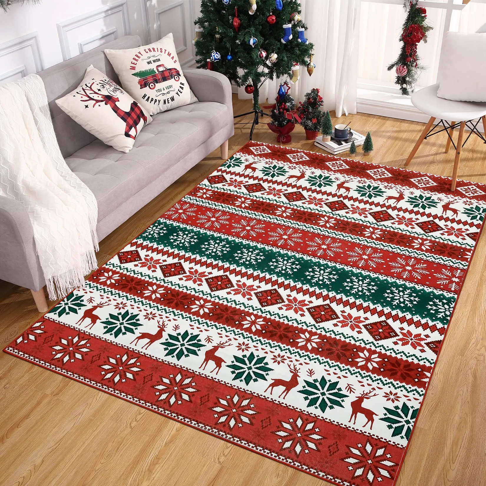 GARVEE 5x7 Christmas Area Rug Living Room Bedroom Large Xmas Decor Area Rug Indoor Washable Non-Slip Throw Floor Covers Boho Accent Rug Farmhouse Rug Festival Xmas Carpet for Dining Room, Red