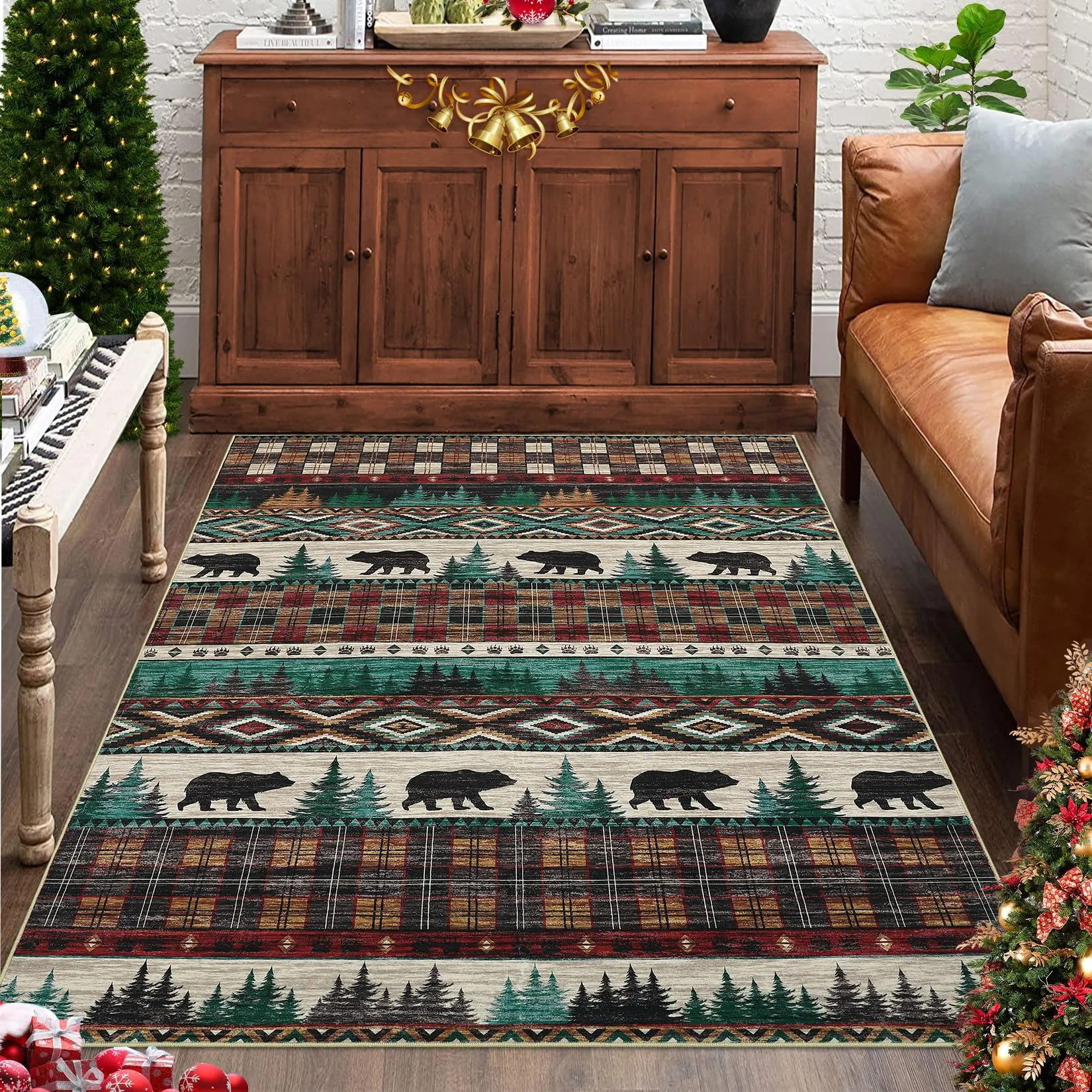 GARVEE Christmas 5x7 Area Rug Bedroom Living Room Xmas Decorative Area Rug Indoor Boho Throw Floor Covers Rustic Xmas Rug Farmhouse Rug Washable Non-Slip Large Carpet for Home Office, Green