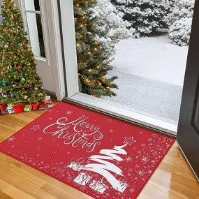 GARVEE Christmas Doormat Xmas Holiday Decorative Christmas Tree Snowflake and Gift Pattern Welcome Mat for Home Decoration Non Slip Door Mat Outdoor Indoor Entrance Floor Mat, Red, 17x29 Inch