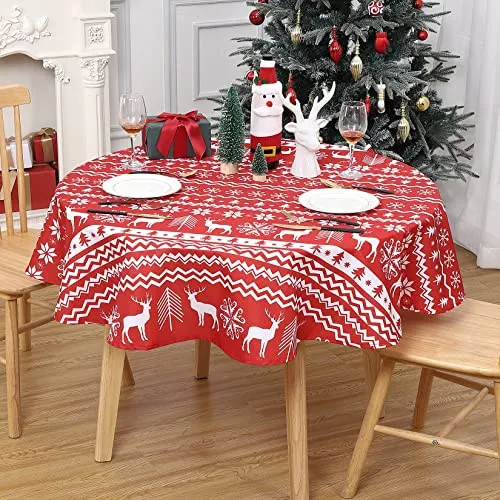 GARVEE Christmas Round Tablecloth 60 Inch, Xmas Tree and Deer Design Table Cloth Waterproof Holiday Decorative Boho Table Cover for Outdoor, Indoor Party Kitchen Dining Room, Red