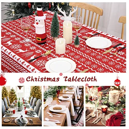 GARVEE Christmas Round Tablecloth 60 Inch, Xmas Tree and Deer Design Table Cloth Waterproof Holiday Decorative Boho Table Cover for Outdoor, Indoor Party Kitchen Dining Room, Red