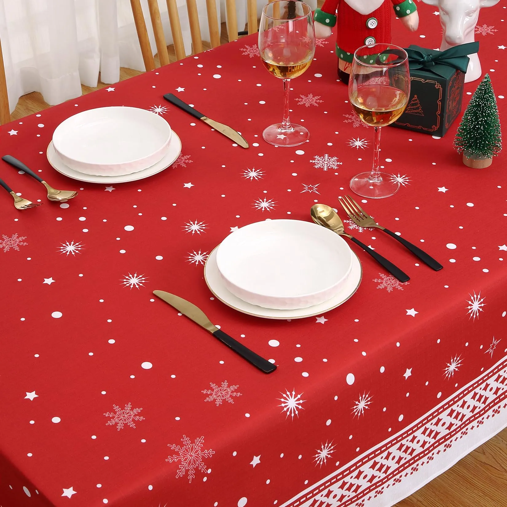 GARVEE Christmas Snowflake Tablecloth 52×52 Inch, Red Washable Table Cover for Festive Party Picnic Dinner Decor