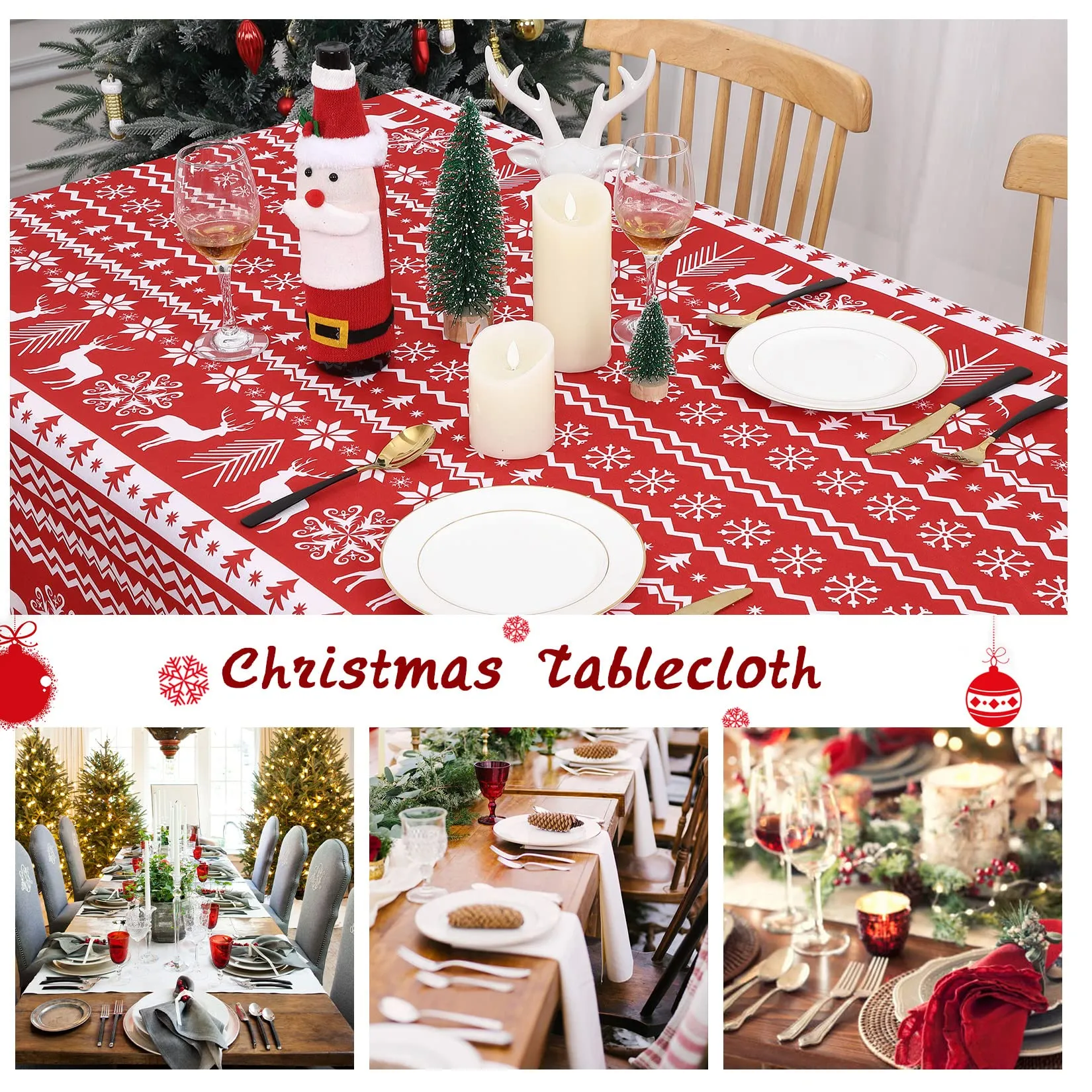 GARVEE Christmas Tablecloth, Xmas Tree and Deer Design Square Table Cloth Waterproof Holiday Decorative Boho Table Cover for Outdoor, Indoor Party Kitchen Dining Room, 52 x 52 Inch, Red