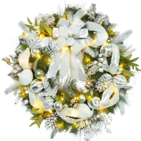 GARVEE Corona de Navidad de 30 Pulgadas para Puerta Delantera, Corona de Navidad con Pilas con Adornos de Bola Blanca Plateada y 40 Luces LED para decoración del hogar