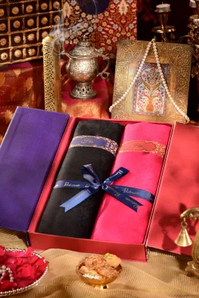 Pashtush His And Her Gift Set Of Reversible Self Design Stoles With Premium Gift Box Packaging, Black and Neon Pink