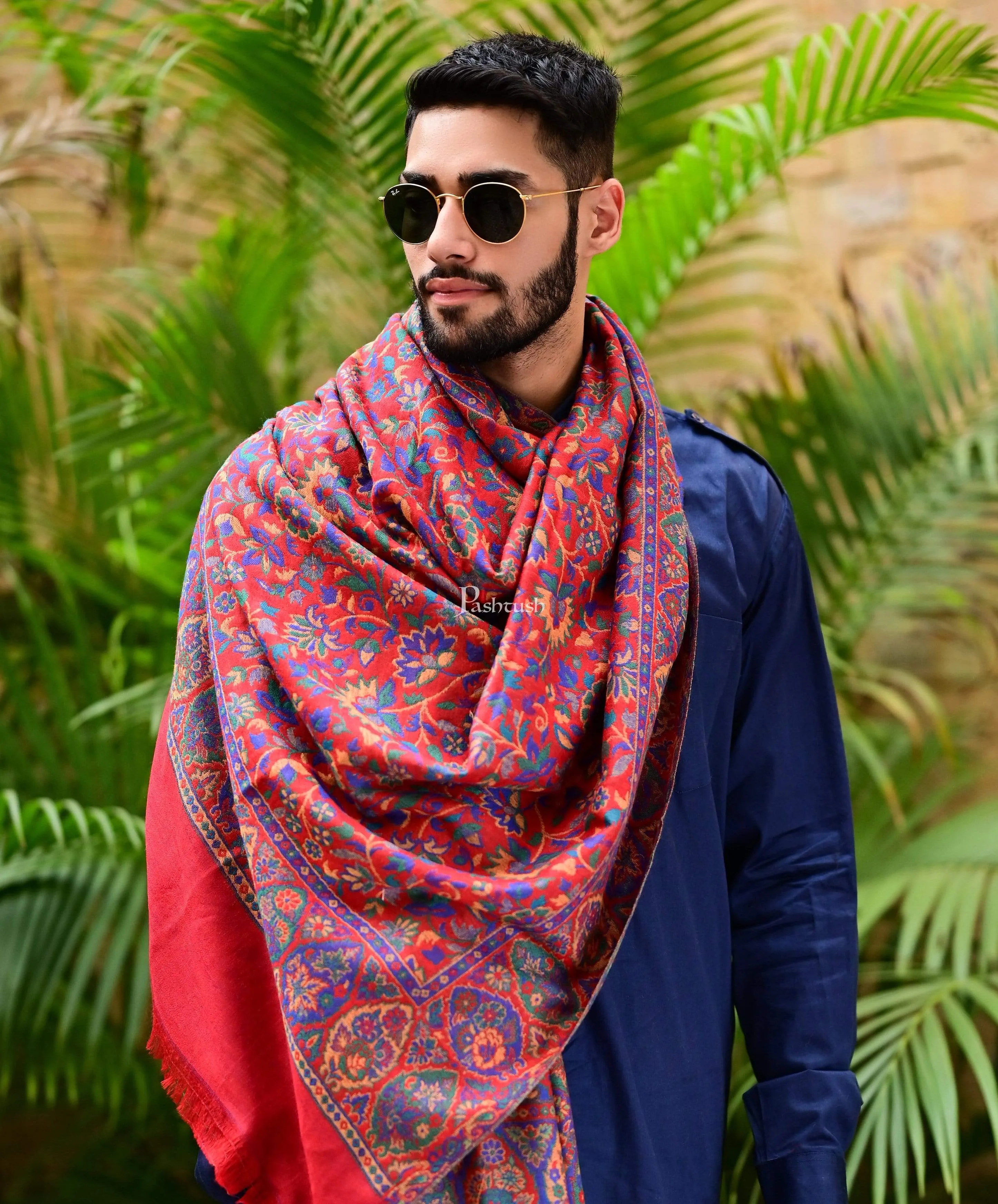 Pashtush Mens 100% Pure Wool Soft Ethnic Weave Stole, Woolmark Certified Scarlet