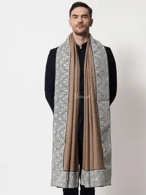 Pashtush mens 100% Pure Wool with Woolmark Certificate self shawl, Metallic Tilla silver border weave design, Beige