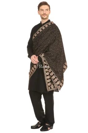 Pashtush Mens Black Velvet Shawl, With Tilla Zardozi Embroidery