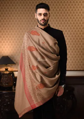 Pashtush Mens Embroidery Shawl, Woollen, Taupe