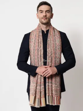 Pashtush mens Extra Fine Wool stole, jacquard design, Multicolour