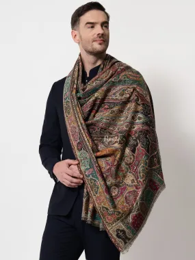 Pashtush mens faux pashmina stole, ethnic weave design, Multicolour