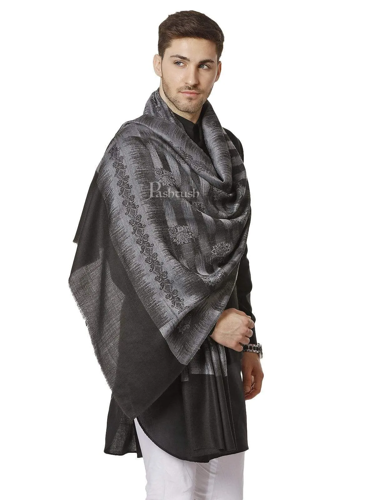 Pashtush Mens Fine Wool Ikkat Design, Stole, Black And Grey