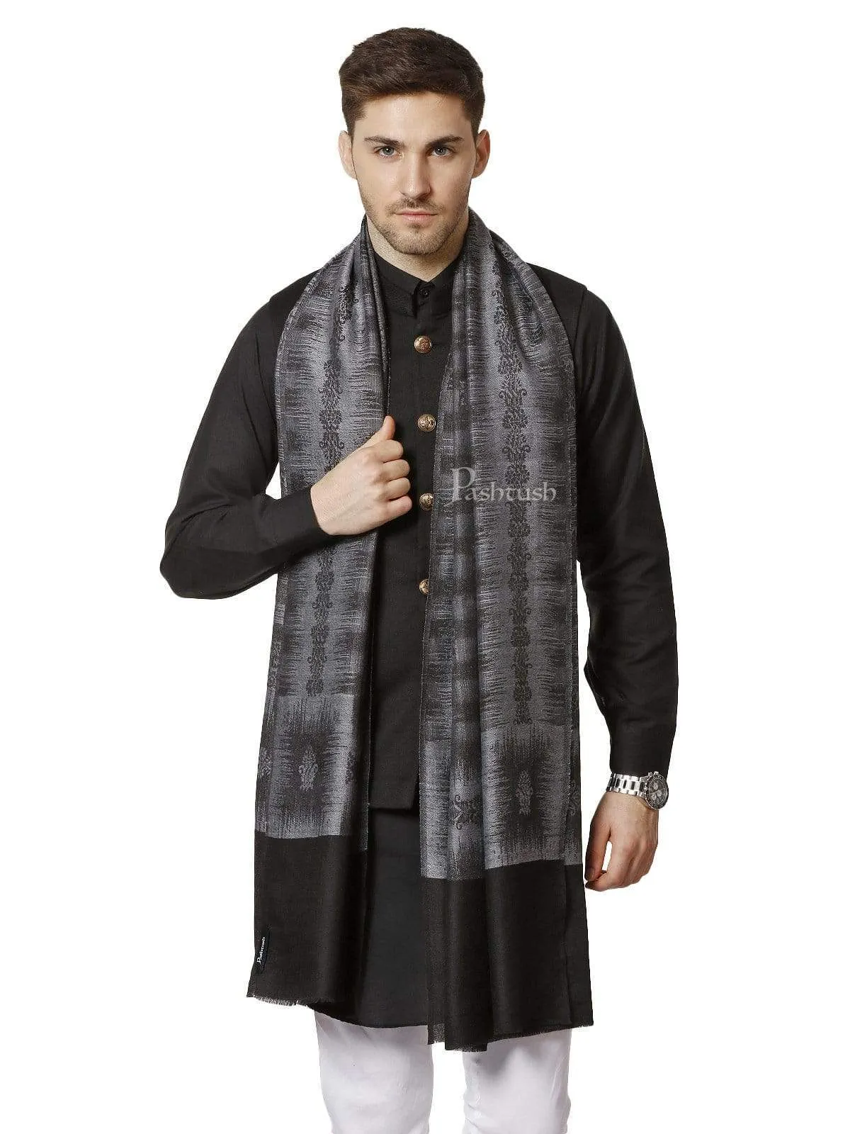 Pashtush Mens Fine Wool Ikkat Design, Stole, Black And Grey