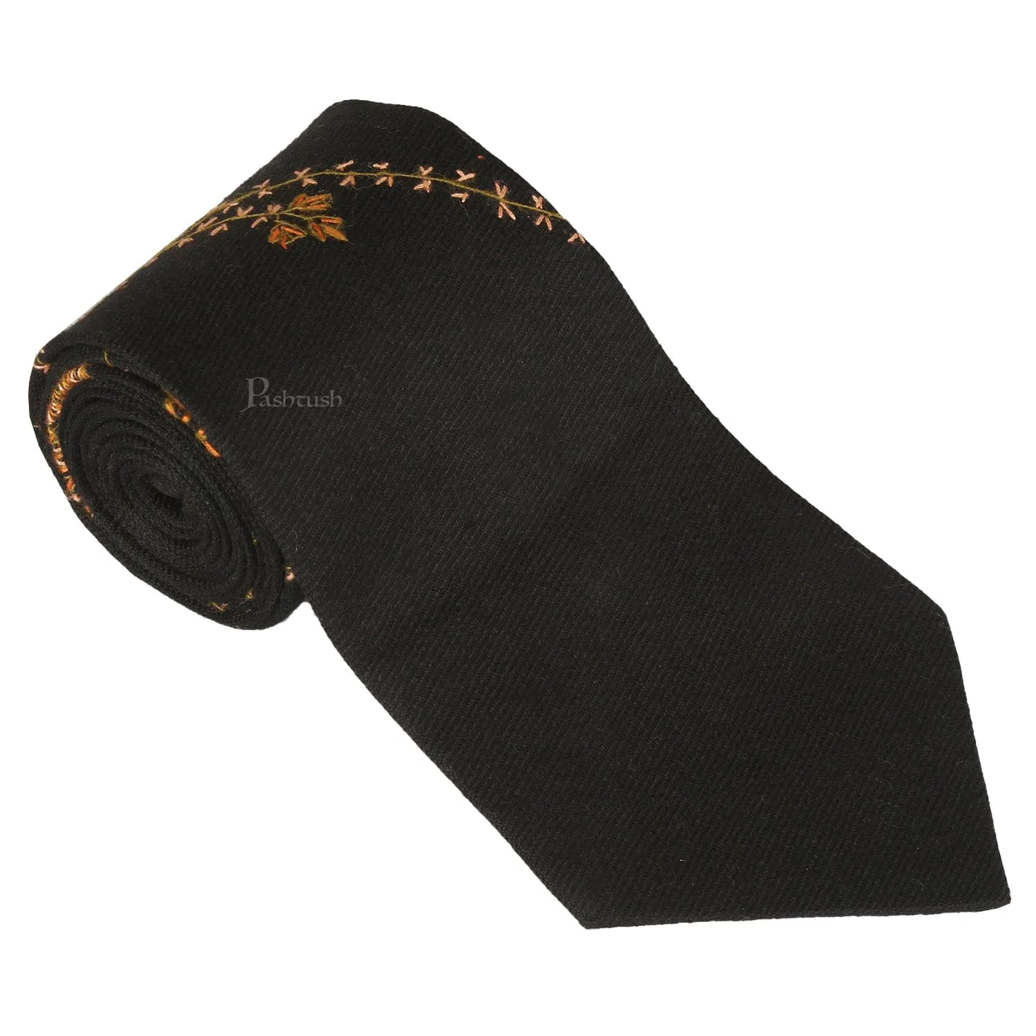 Pashtush mens Fine Wool tie, Hand Embroidery design, Black